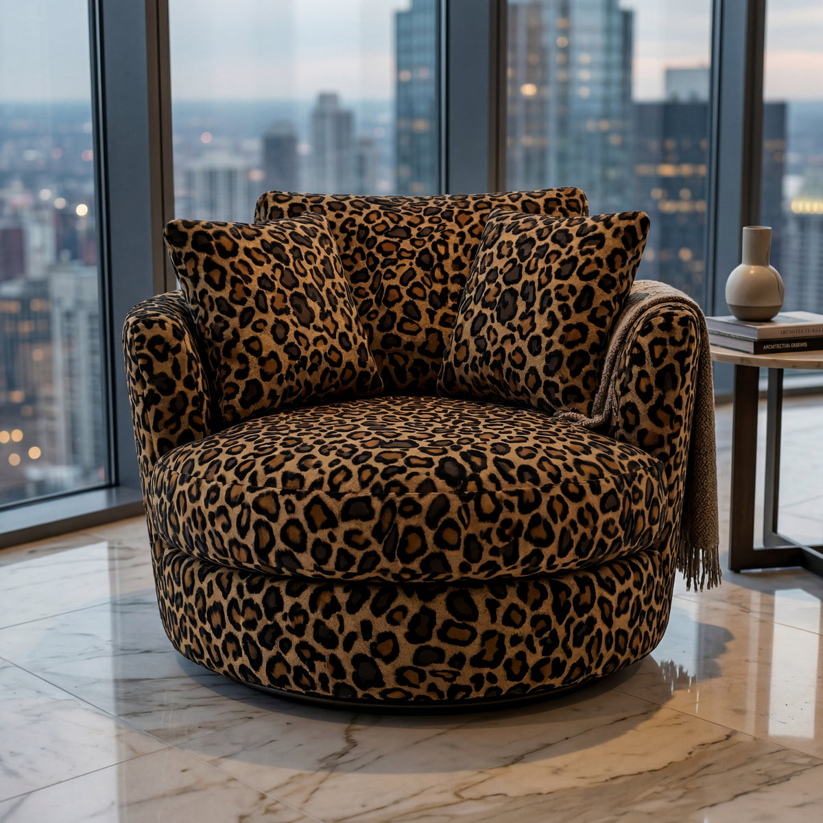 Cuddle Swivel Chair - Leopard - Alternative Angle | Vibe Sofas
