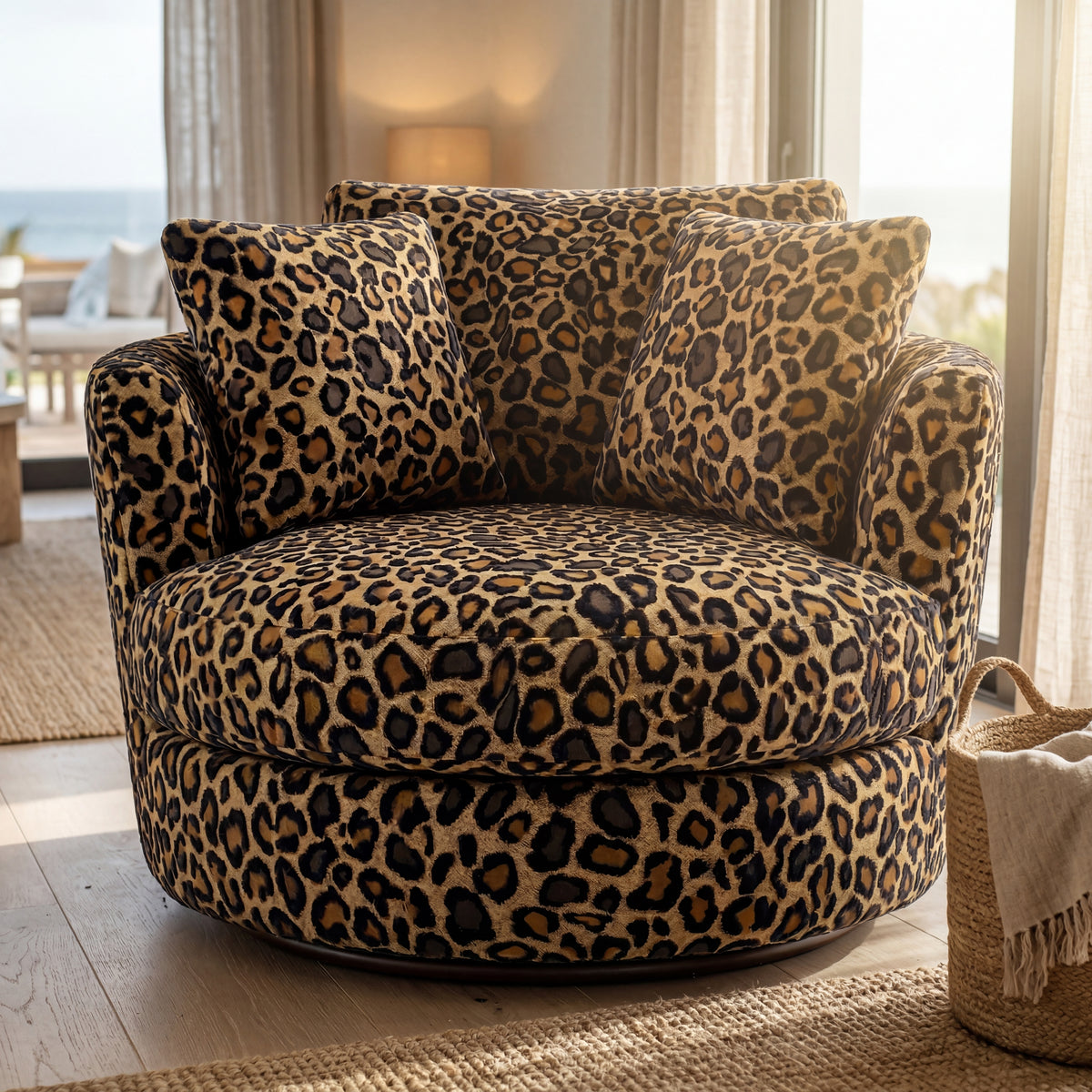Cuddle Swivel Chair - Leopard - Lifestyle Setting | Vibe Sofas Australia