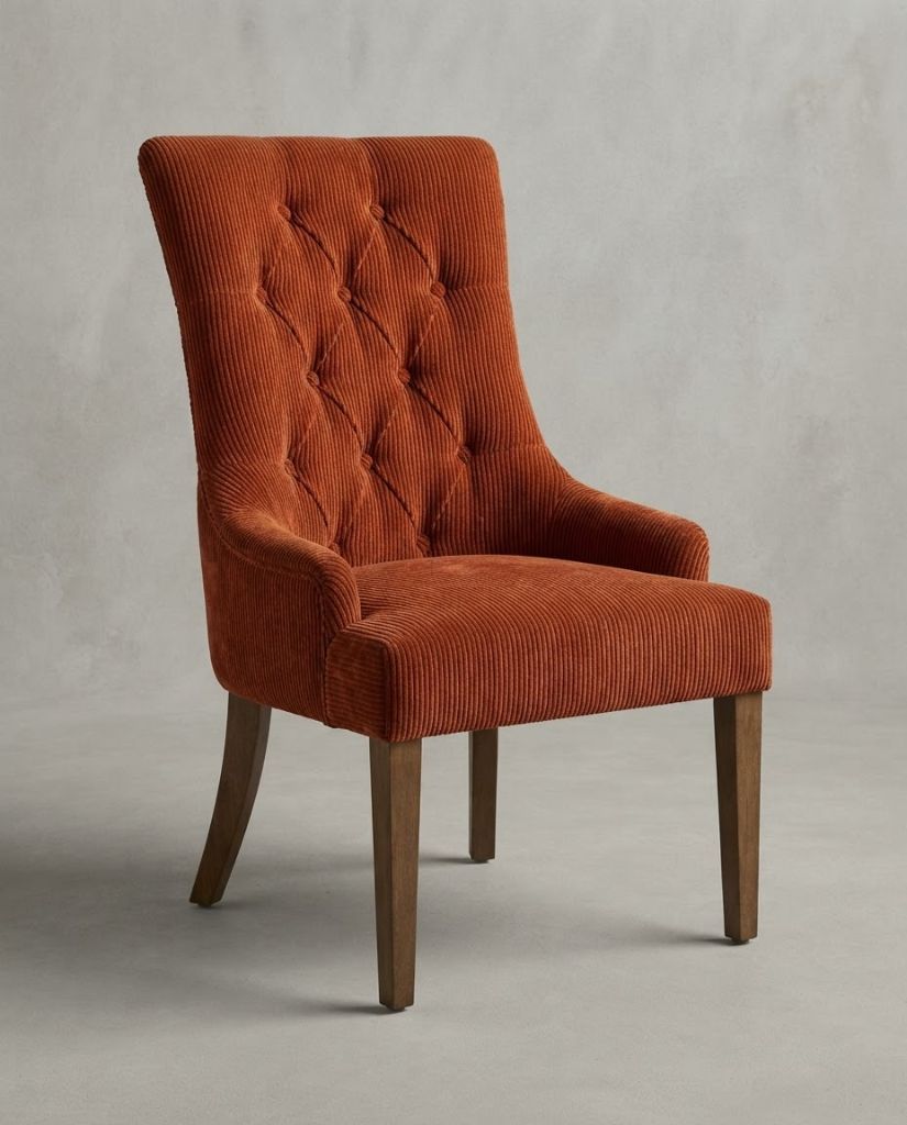 Vibe Dining Chair in Burnt Orange Corduroy - button-tufted dining chair with timber legs